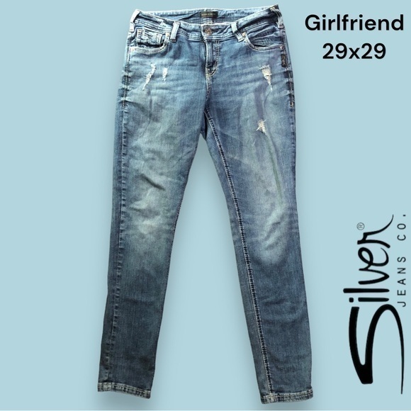 Silver Whiskered Mid Rise Distressed Girlfriend Jeans 29Wx29L - Picture 1 of 10